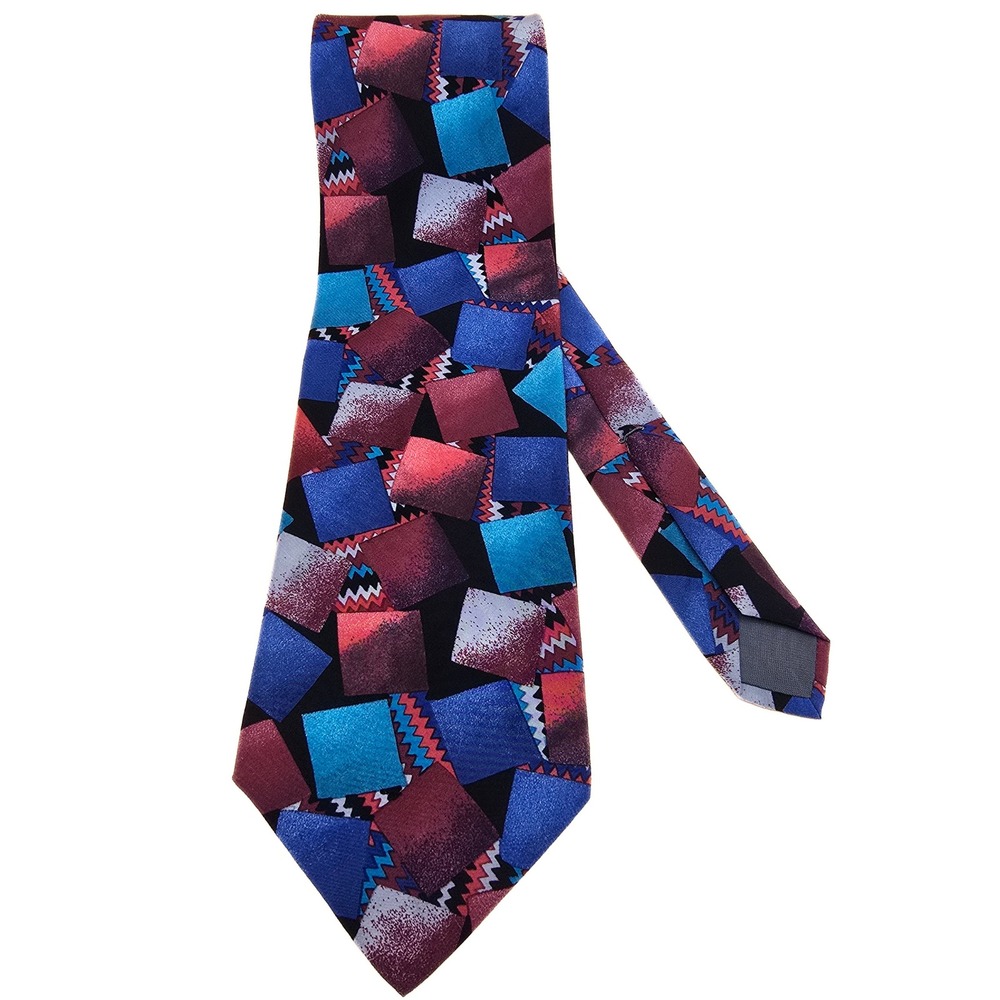 Barbara Blank‎ New York Silk Tie Geometric Abstract Squares Blue Red Handmade